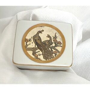 Vintage Chokin Art Japanese Porcelain Trinket Box 24K Gold Trim Peacock Japan